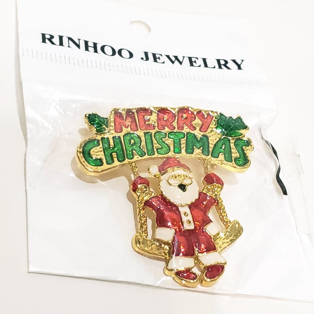 Merry Christmas Santa on Swing Fashion Brooch Red White Gold Tone 2" Rinhoo